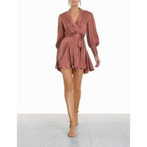 NWT Zimmermann Long Sleeve Silk Wrap Mini Dress in Rose, size AU2/us8
